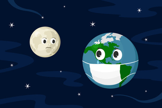 Planet Earth in face mask and Moon. Cartoon style. Vector illustration.