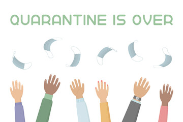 Quarantine is over. People toss medical masks in the air. Vector illustration.