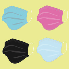 Medical masks are blue, black, pink. Vector image.