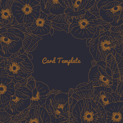 Square card template with hand drawn monochrome poppy flowers frame. Vector illustration