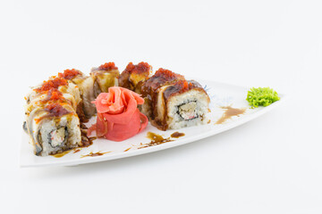 Close-up of traditional Japanese sushi on a white background. Design of the sushi bar menu. Japanese cuisine.