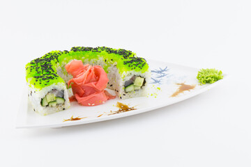 Close-up of traditional Japanese sushi on a white background. Design of the sushi bar menu. Japanese cuisine.