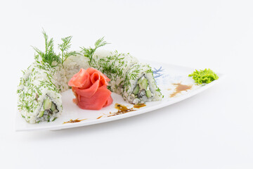 Close-up of traditional Japanese sushi on a white background. Design of the sushi bar menu. Japanese cuisine.