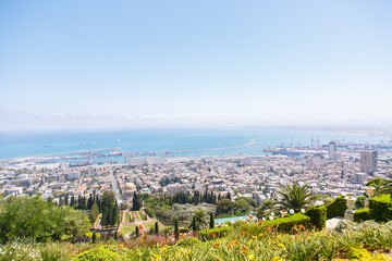View on the City near the sea from the hill. Beautiful panorama on sea town. Sea landscape