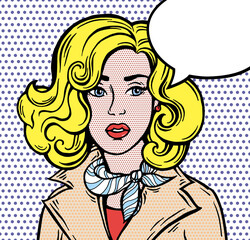 Pop art girl with speech bubble. Pop Art, 1950s style poster. Dot background, raster effect. Hand drawn. Vector fashion illustration. Red, black, beige, yellow, white colors