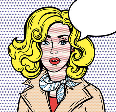 Pop art girl with speech bubble. Pop Art, 1950s style poster. Dot background, raster effect. Hand drawn. Vector fashion illustration. Red, black, beige, yellow, white colors