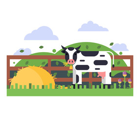 A cow chewing hay in flat design