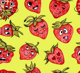 Kawaii wallpaper with red cute strawberries on green background. Funny pattern with organic fruits. Cartoon drawing, characters, faces, mood. Watercolor children's illustration. For food packaging.