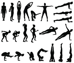 Vector silhouettes of woman practicing exercises for arms. Icons of girl doing yoga and fitness work out, stretching hands, gym, hand stand.