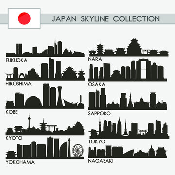 Most Famous Japan Cities Skyline City Silhouette Design Collection