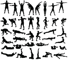 Big set of vector silhouettes of man and woman doing fitness, sport and yoga workout isolated on white background.  Icons of sportive boy and girl practicing exercises in different positions.