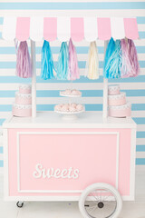 Candy bar. Decor for baby's or child's Birthday party. Dish with marshmallows. Pink, blue and white colors