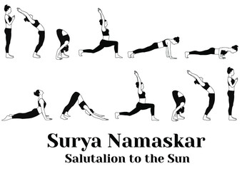 Salutation to the Sun yoga complex. Vector illustration of woman doing Surya Namaskar practice in yoga poses.