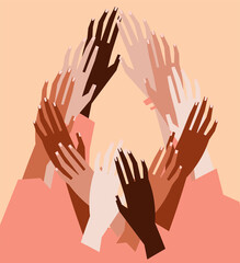 Fototapeta premium Vector illustration of a people's hands with different skin color together. Minimal flat style art.