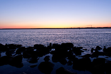 Obraz premium Warnemünde Harbor While Sunrise, Rostock, Baltic Sea, Mecklenburg Western Pomerania, Germany, Europe