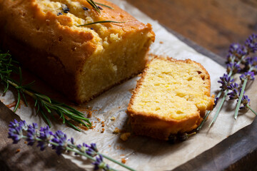 Lemon cake with rosemary and lavender