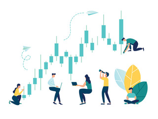 Vector illustration, movement up to the goal, motivation for growth, small employees draw a graph