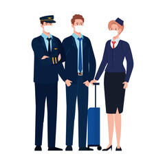 Female and male pilot businessman and stewardess with masks vector design