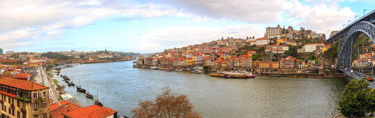 Porto, Portugal panorama: Douro river and steep banks of Ribeira district and Vila Nova de Gaia...