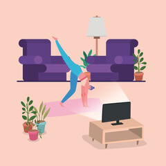 Woman doing yoga on mat in front of computer design of Stay at home theme Vector illustration