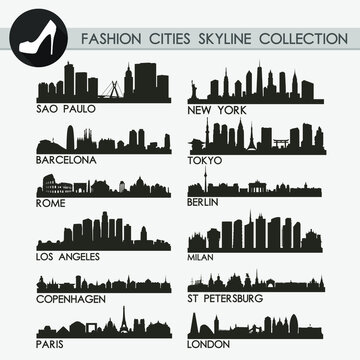 Most Famous Fashion Cities Travel Skyline City Silhouette Design Collection Set