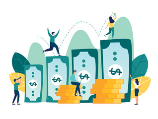 Naklejka premium vector illustration, investment management, the company is engaged in the joint construction and the cultivation of cash profits, career growth to success, flat color icons, business analysis