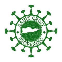 Saint Croix Reopening Stamp. Green round badge of island with map of Saint Croix. Island opening after lockdown. Vector illustration.