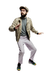 Scared stylishly dressed young man in glasses and with a beard. Full height. Isolated on a white background. Vertical.