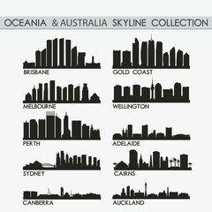 Most Famous Oceania Travel Skyline City Silhouette Design Collection Set