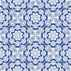 "Line Thai or indigo blue Porcelain plate" Thailand Traditional illustration design with lotus and flower seamless pattern vector with white background