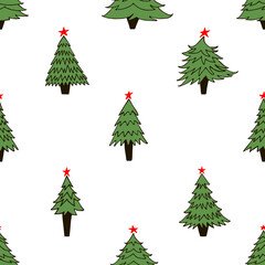 Hand drawn seamless pattern with Christmas trees on white background. Contour drawing. Design for wrapping paper, textile, fabric. Happy New year decoration. Winter collection.