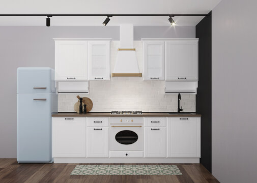 White classic kitchen interior with blue fridge and black chalk wall. Kitchen interior with empty place for text. 3D rendering.