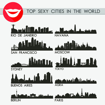 Top Sexy City in the World Skyline Silhouette Icon Flat Vector Design Collection Set
