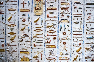 Burial chamber with colorful Egyptian hieroglyphics at the valley of the kings, Luxor, Egypt