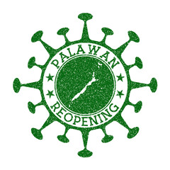 Palawan Reopening Stamp. Green round badge of island with map of Palawan. Island opening after lockdown. Vector illustration.