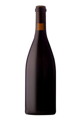 A labelless bottle of red wine on a white background.