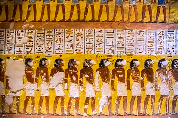 Burial chamber with colorful Egyptian hieroglyphics at the valley of the kings, Luxor, Egypt
