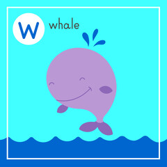 Cute animal alphabet for ABC book. Vector illustration of cartoon animals. Cheerful cute whale splashing in the ocean.