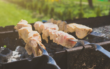 The grill season is open. Pork skewers on backyard.