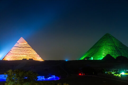 Great Pyramid of Giza illuminated at night, UNESCO World Heritage site, Cairo, Egypt.