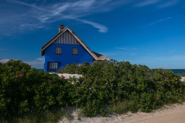 Fototapeta premium blaues Ferienhaus am Meer, Ostsee, Urlaub, Auszeit