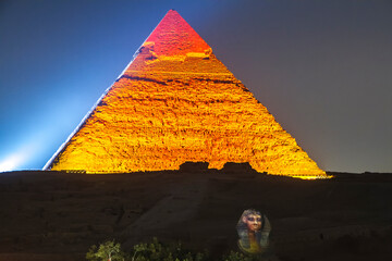 Great Pyramid of Giza illuminated at night, UNESCO World Heritage site, Cairo, Egypt.