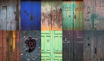 Composition of old rustic doors in a rural spanish village
