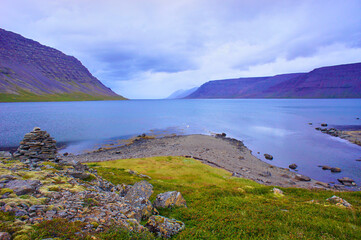 Fototapeta na wymiar Beautiful view of the mountains and lake of Iceland with swans floating in the distance. Landscape of violet blue shades with green grass. 