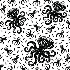 Octopus hand drawn illustrations isolated on white background seamless pattern. Modern vector clipart for packaging, textile design. Isolated decorative elements in cut out folk style.