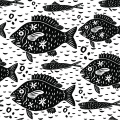 Red Snapper in modern cartoon folk style seamless pattern. Isolated sardines, fish silhouettes on white background, vector illustration for restaurant menu, marine decor.