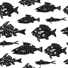 Red Snapper in modern cartoon folk style seamless pattern. Isolated sardines, fish silhouettes on white background, vector illustration for restaurant menu, marine decor.