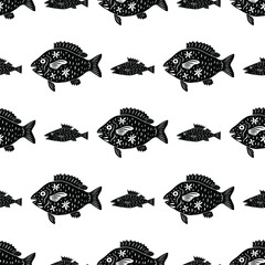 Red Snapper in modern cartoon folk style seamless pattern. Isolated sardines, fish silhouettes on white background, vector illustration for restaurant menu, marine decor.