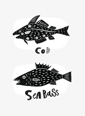 Fish silhouette. Decorative ornament shape isolated on background. Modern cutout linocut style poster. Hand drawn lettering title. Modern vector illustration. Cod. Sea bass.
