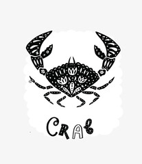 Crab silhouette. Decorative ornament shape isolated on background. Modern cutout linocut style poster. Hand drawn lettering title. Modern vector illustration.